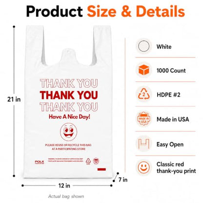 POLX Thank You Plastic T-Shirt Bags with Handles, 1000 Count (White)