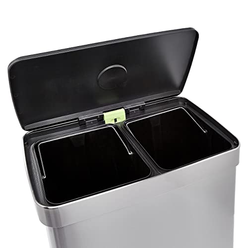 Amazon Basics Dual Compartment Recycling Trash Can with Soft-Close Lid, Fingerprint Resistant, Removable Liner Buckets, 60 Liters, Rectangular, Grey, Silver