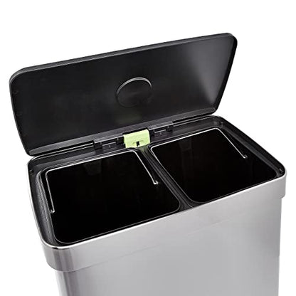Amazon Basics Dual Compartment Recycling Trash Can with Soft-Close Lid, Fingerprint Resistant, Removable Liner Buckets, 60 Liters, Rectangular, Grey, Silver