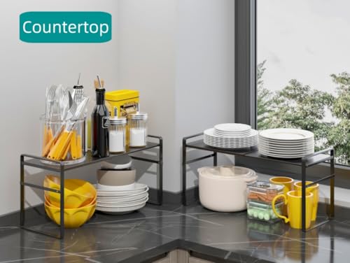 Expandable Cabinet Shelf Organizer Riser for Kitchen Pantry Under Sink - color: Black