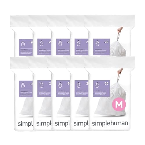 simplehuman Code M 200 Count Custom Fit Liners, Drawstring Kitchen Trash Bags, One-by-One Mess-Free Dispense, Extra Thick & Double Seamed, 50% PCR Plastic, 40-45 Liter / 11-12 Gallon, White - size: 200 Count (Pack of 1)