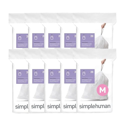 simplehuman Code M 200 Count Custom Fit Liners, Drawstring Kitchen Trash Bags, One-by-One Mess-Free Dispense, Extra Thick & Double Seamed, 50% PCR Plastic, 40-45 Liter / 11-12 Gallon, White - size: 200 Count (Pack of 1)