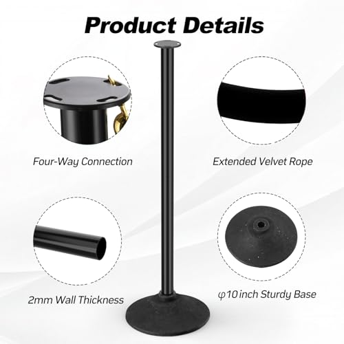 BATTIFE 2 Pack Plastic Stanchion Posts, 10-in Base, Black Velvet Rope - color: Black, size: 34.5inch