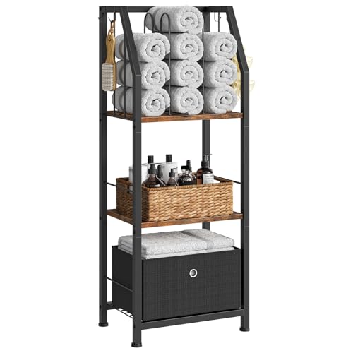 CHOEZON 3-Tier Towel Rack Freestanding, Towel Rack with a Fabric Drawer, 2 M-Shaped Metal Dividers and 4 Hooks, Bathroom Towel Storage Shelf, Towel Storage for Bathroom, Rustic Brown and Black TCJ29BF
