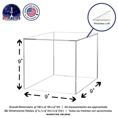 9 Inch Clear Acrylic Display Box with One Open Side No Lid Versatile Square Lucite POP Display One Piece Retail Product Riser or Merchandise Storage Bin No Assembly by Marketing Holders - size: 9"w x 9"d x 9"h