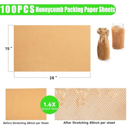 Packing Paper Sheets For Moving, MINHAO Honeycomb Packing Paper Sheets with 1.6X Stretchability for Shipping, Box Filler, Wrapping and Protecting Fragile Items Easy Use 4.74 Lbs (100 Sheets, 28"x15") - size: 100 PCS Sheets 28" x 15" 4.74 Lbs