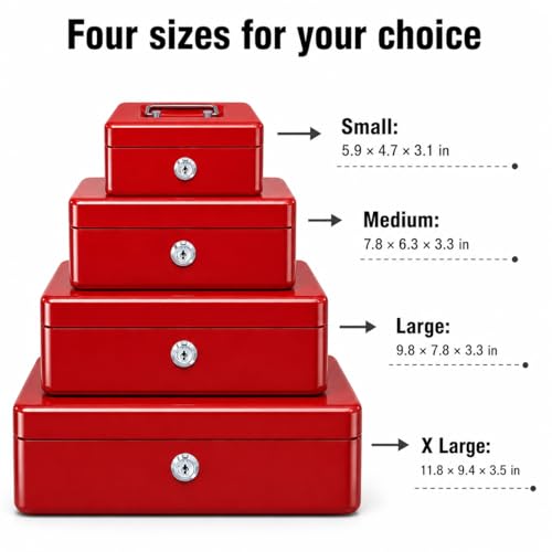 Steel Cash Box with Key Lock, Metal Small Money Organizer with Money Tray,Cash Storage Box with Lockable Cover (Red - 6 inch) - color: Red - 5.9" x 3.1" x 4.7"