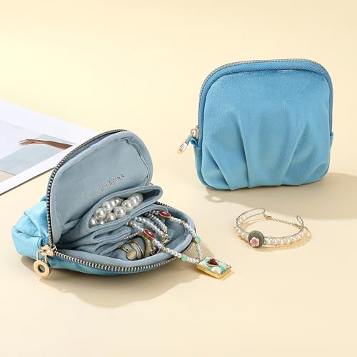 Velvet Travel Jewelry Pouch, 2-in-1 Case with Detachable Insert - color: Teal Blue