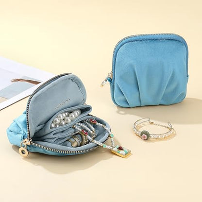 Velvet Travel Jewelry Pouch, 2-in-1 Case with Detachable Insert - color: Teal Blue