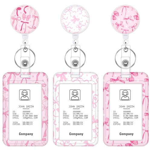 3 Pack Bow Badge Holder Set, Retractable ID Reel with Clip, Pink - color: Pink Bow