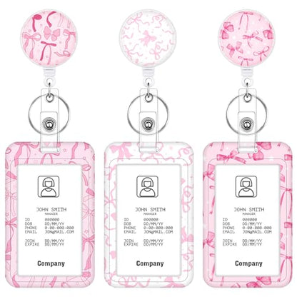 3 Pack Bow Badge Holder Set, Retractable ID Reel with Clip, Pink - color: Pink Bow