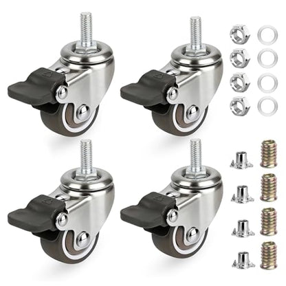 4 Pack 1 Inch Caster Wheels with Threaded Stem, Metric M6*15mm Stem Swivel Casters with Brakes, Non-Marks Rubber Rollers Small Screw Wheels for Furniture, Carts, Desks, Wire Shelving - style: 1 Inch