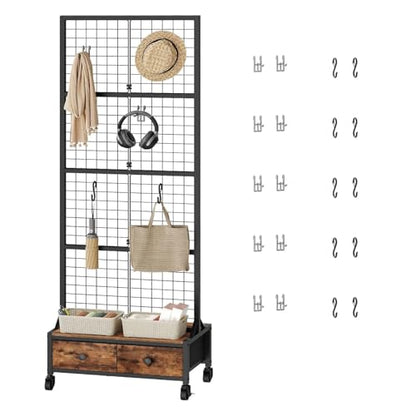 MAHANCRIS 1.8' x 5.6' Ft Grid Wall Panel, Retail Display Rack with 2 Fabric Drawers & 4 Wheels, Gridwall Display Stand with 10 Hooks and 10 Anti-Wind S-Hooks, for Entryway, Kitchen, Outdoors, GPHR5601