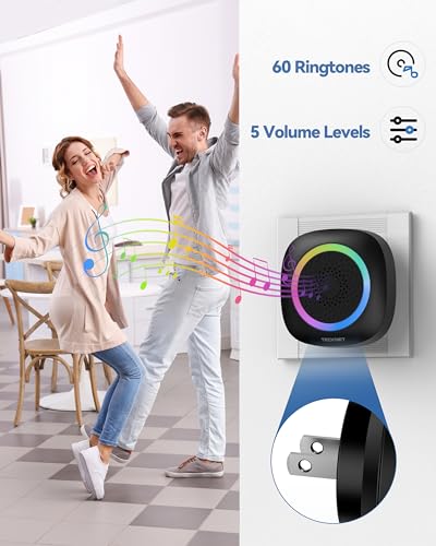 TECKNET Plug-in Wireless Doorbell with RGB Lighting & 1300 Feet Range,IP66 Waterproof Doorbell for Home/Classroom/Office/Business,60 Chimes,5-Level Volume,4.5-Year Battery Life(Black) - color: Black 1 Receiver+1 Button