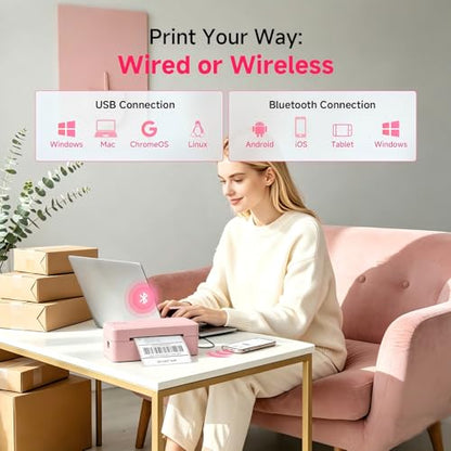 Bluetooth Thermal Label Printer w/ Stand, 4x6 Shipping Label Printer - color: Pink