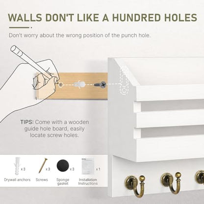 FifthQuarter Key and Mail Holder Wall Mount with Drawer and 6 Sturdy Hooks - color: A-White