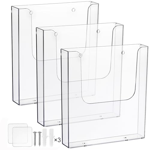 3 Pack Acrylic Brochure Holder, 8.5 x 11 Inch Brochure Holder Wall Mount, Clear Literature Organizer Pamphlet Flyer Display Plastic Magazine Holders for Wall