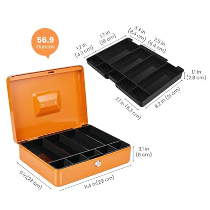 Flexzion Small Cash Box with Money Tray and Lock, 11.4-Inch, Orange - color: Orange