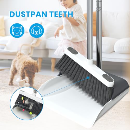 Stand Up Dustpan and Broom Set 50” Long Handle Broom with Dust Pan, 20° Angled for Ergonomic Home Office Indoor Sweeping - color: Gray