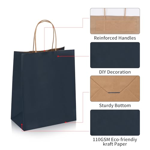 Joybe 200 Pack 8x4.75x10 Inch Medium Navy Blue Kraft Paper Bags with Handles Bulk, Craft Paper Gift Bags for Party Favors Grocery Retail Shopping Business Goody Merchandise Take Out Blank Sacks
