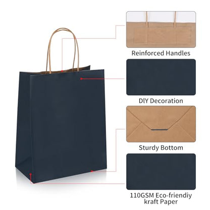 Joybe 200 Pack 8x4.75x10 Inch Medium Navy Blue Kraft Paper Bags with Handles Bulk, Craft Paper Gift Bags for Party Favors Grocery Retail Shopping Business Goody Merchandise Take Out Blank Sacks