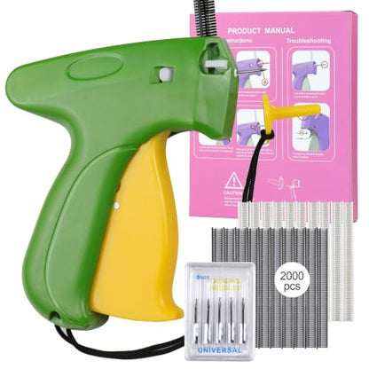Handheld Stitch Tag Gun for Clothes, Quick Clothing Fixer, Tagging, Sewing Kit Includes 6 Needle, with 1000 Black Fasteners & 1000 White Fasteners，Green Yellow New Version