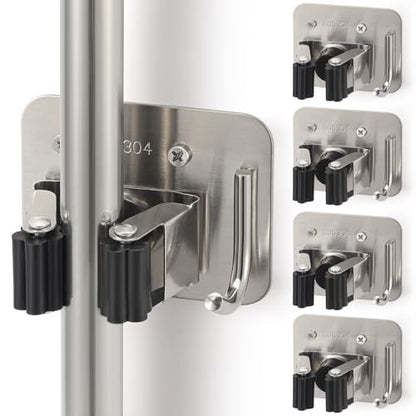Broom Holder Wall Mount Rack, 304 Stainless Steel Mop and Tool Organizer - color: Silver-Black