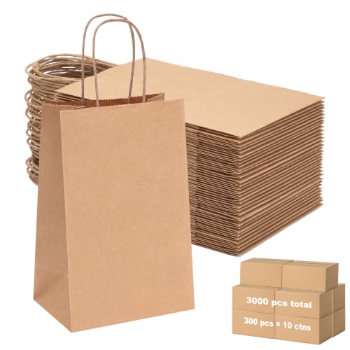 OUTUXED 3000pcs Small Gift Bags, Brown Paper Bags with Handles - color: Brown 5.25x3.2x8in, size: 1 Count (Pack of 3000)