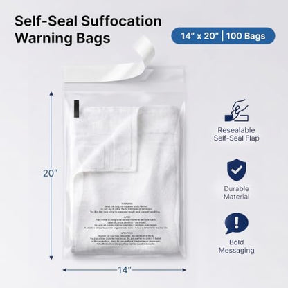 14” X 20” (100 Count) Self Seal Clear Poly Bags with Suffocation Warning - size: 14" X 20"