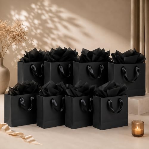 Offizon 6 Pcs Black Gift Bags, 8.7x3.9x7.1inch Paper Bag with Black Tissue Paper, Small 5-Sense Party Favor Bags (22x10x18cm) - color: Small-Black6-6PCS