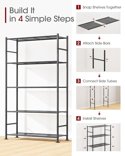 Sakugi 5-Tier Garage Shelving Unit - Heavy-Duty Metal Storage Shelves, Anti-Tip with Leveling Feet, Stable Storage for Kitchen, Pantry and Living Room Organization (Black, 30.7" x 10.6" x 58")