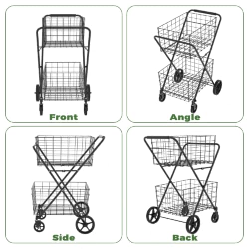 Extra Jumbo Foldable Shopping Cart with 2 Removable Baskets and Waterproof Liner, Heavy Duty Utility Grocery cart on Wheels, Rolling 2-Tier Laundry cart with 360° Swivel Front Wheels (2-Tire) (Black) - color: Black
