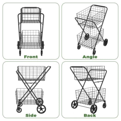 Extra Jumbo Foldable Shopping Cart with 2 Removable Baskets and Waterproof Liner, Heavy Duty Utility Grocery cart on Wheels, Rolling 2-Tier Laundry cart with 360° Swivel Front Wheels (2-Tire) (Black) - color: Black