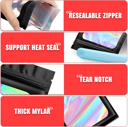Funfery 300 Pack 3 Size Mylar Holographic Bags with Clear Window,Black - color: Black, size: 4.7x7.9+5.5x7.9+6.3x9.4 Inch
