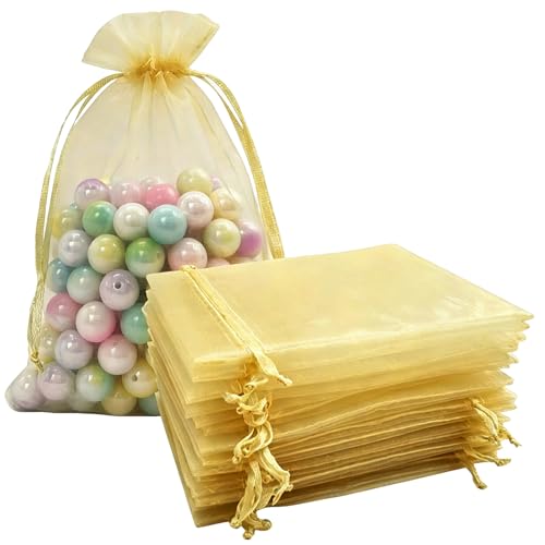 KLLPNW 100 Count Sheer Organza Mesh Drawstring Gift Wrap Bags 5x7 Inch Gold - color: Gold, size: 5x7 Inch (Pack of 100)