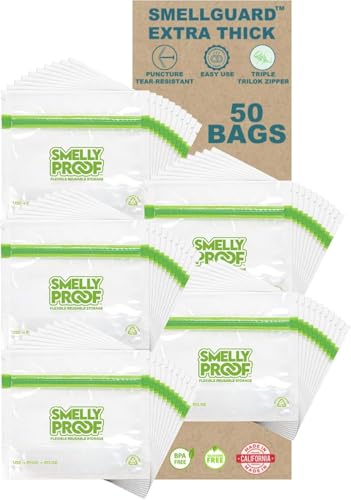 Smelly Proof 50 x Reusable Food Storage Bags, Reusable Snack Bags, Stand-Up Expandable “Stand & Fill”, Dishwasher-Safe, Clear 3-Mil 6” x 4”, US Made, BPA FREE, NO PEVA, 50-pk - size: 50pk, 6x4" - Small Snack