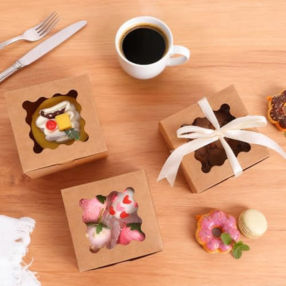 Moretoes 24pcs Small Cookie Boxes with Window, 4x4x2.5In Brown Bakery Boxes - color: Brown