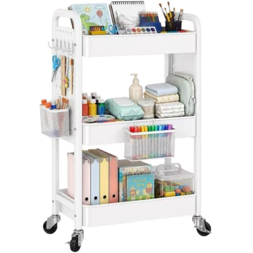3 Tier White Rolling Storage Cart Metal with DIY Pegboard and Wheels - color: Classic White, size: 3 Tier+Pegboard