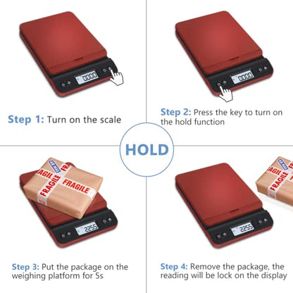 QP Shipping Scale, 86lb/0.1oz Digital Scale for Packages, Postal Scale with Hold/Tare Function, Back-lit LCD Display, Flip-up Holder, Shipping Scale for Small Business, Battery & Tape Measure Included - color: Red