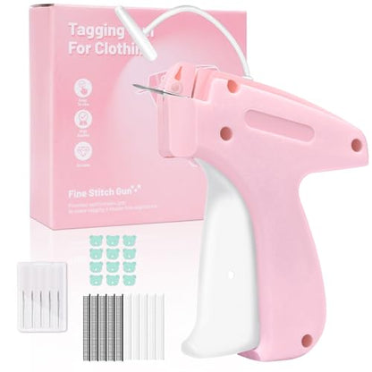 ASUNO Stitch Gun for Clothes Handheld Tag Quick Clothing Fixer Tagging Sewing Kit Includes 6 Needle 1000 Black Fasteners & 1000 White Fasteners Pink