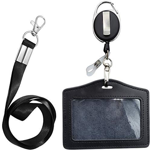 ID Card Case + Lanyard + Badge Holder Retractable Reel Carabiner and Plastic Clip (Genuine Leather Horizontal Black) - color: Horizontal Black