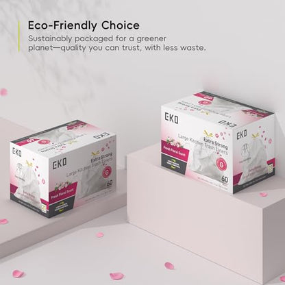 EKO 21 Gallon / 50-90 Liter, 60 Count Drawstring Trash Bags, Extra-Strong Garbage Bags, Fresh Floral Scent with Continuous Odor Control, Easy-Dispense Roll for Kitchen and Household Use, Code G, White - size: 60 Count (Pack of 1), style: 21 Gallon Bags/Co