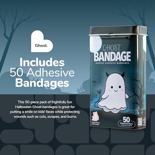 BioSwiss Bandages, Halloween Ghost Shaped Self Adhesive Bandage Set, Latex Free, Sterile Wound Care, 50 Count - size: 50-Count Tin, style: Ghost