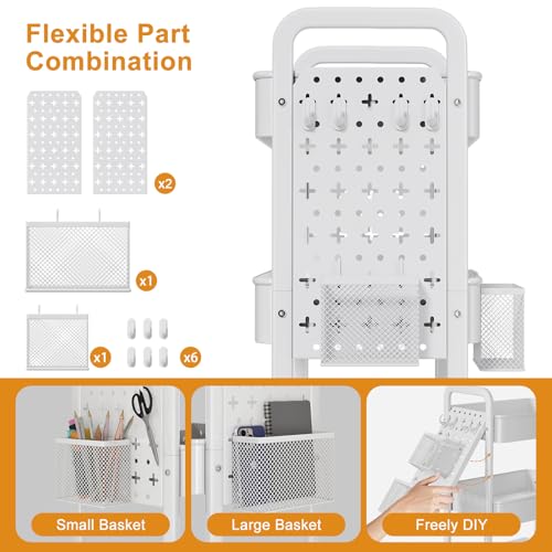 3 Tier White Rolling Storage Cart Metal with DIY Pegboard and Wheels - color: Classic White, size: 3 Tier+Pegboard