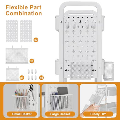3 Tier White Rolling Storage Cart Metal with DIY Pegboard and Wheels - color: Classic White, size: 3 Tier+Pegboard