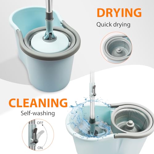 Mop Buckets for Floor Cleaning 360° Spin Wringer Separate Dirty Water with Replaceable Microfiber Mop Head Wet and Dry Suitable for Office and Home Use,Blue