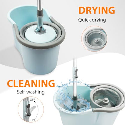 Mop Buckets for Floor Cleaning 360° Spin Wringer Separate Dirty Water with Replaceable Microfiber Mop Head Wet and Dry Suitable for Office and Home Use,Blue