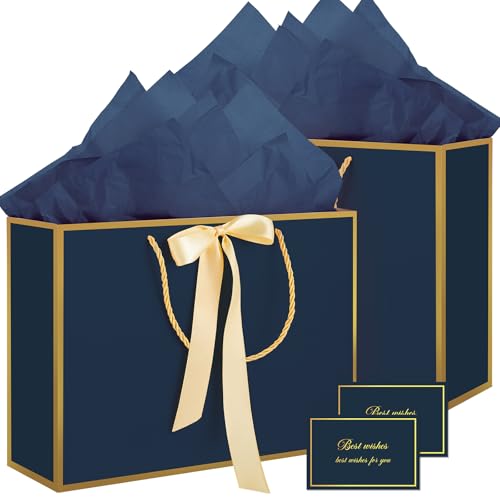 woric 13.7" Large Gift Bags with Handles, 2 Pack Navy Blue Paper Gift Bags - color: Navy Blue
