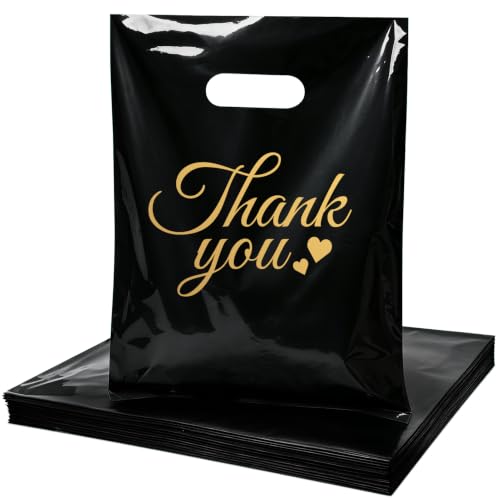 SwiftJoys 100 Count Black Thank You Bags with Handles, 9 x 12 Inch - color: 10-Black TY, size: 9"x12"