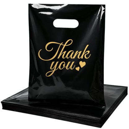 SwiftJoys 100 Count Black Thank You Bags with Handles, 9 x 12 Inch - color: 10-Black TY, size: 9"x12"